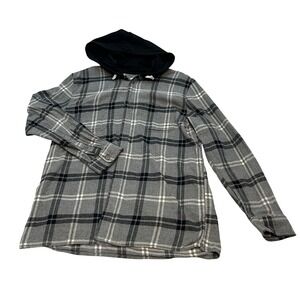 Aeropostale Gray Plaid Long Sleeve Hooded Flannel Shirt Men's Size L